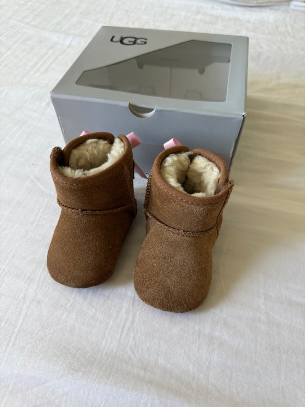 UGG Baby Chestnut Suede Shearling Booties with Pink Pull Tab